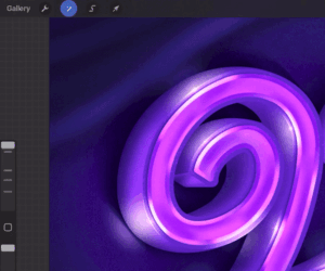 Screen recording of adjusting hue, saturation, and brightness of a glowing purple script letter "V" in Procreate to change the overall color scheme without recoloring individual shapes one by one.