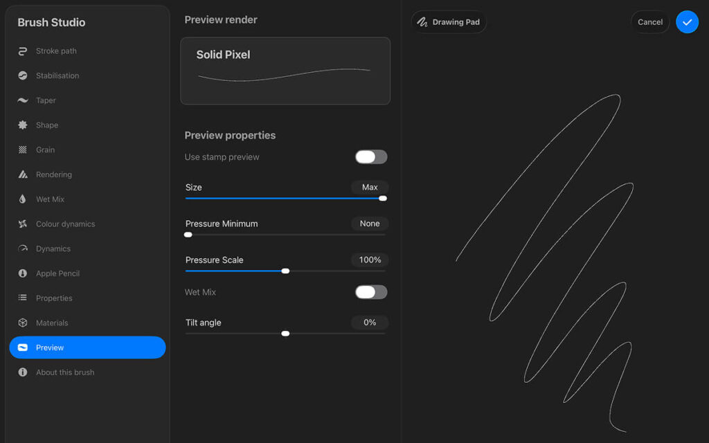Procreate Preview Settings for Pixel Art Brush