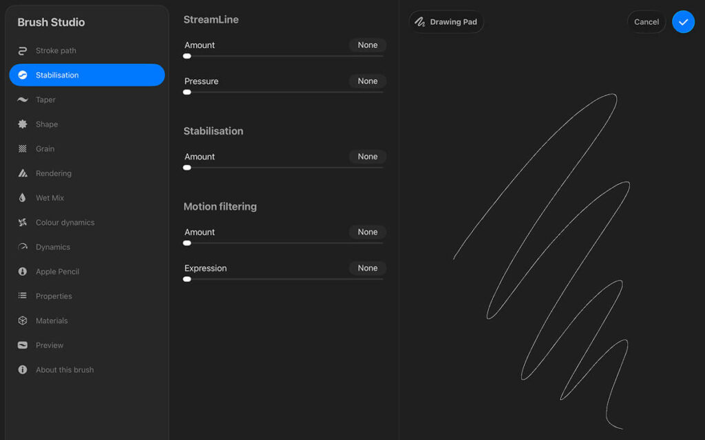 Procreate Stabilisation Settings for Pixel Art Brush