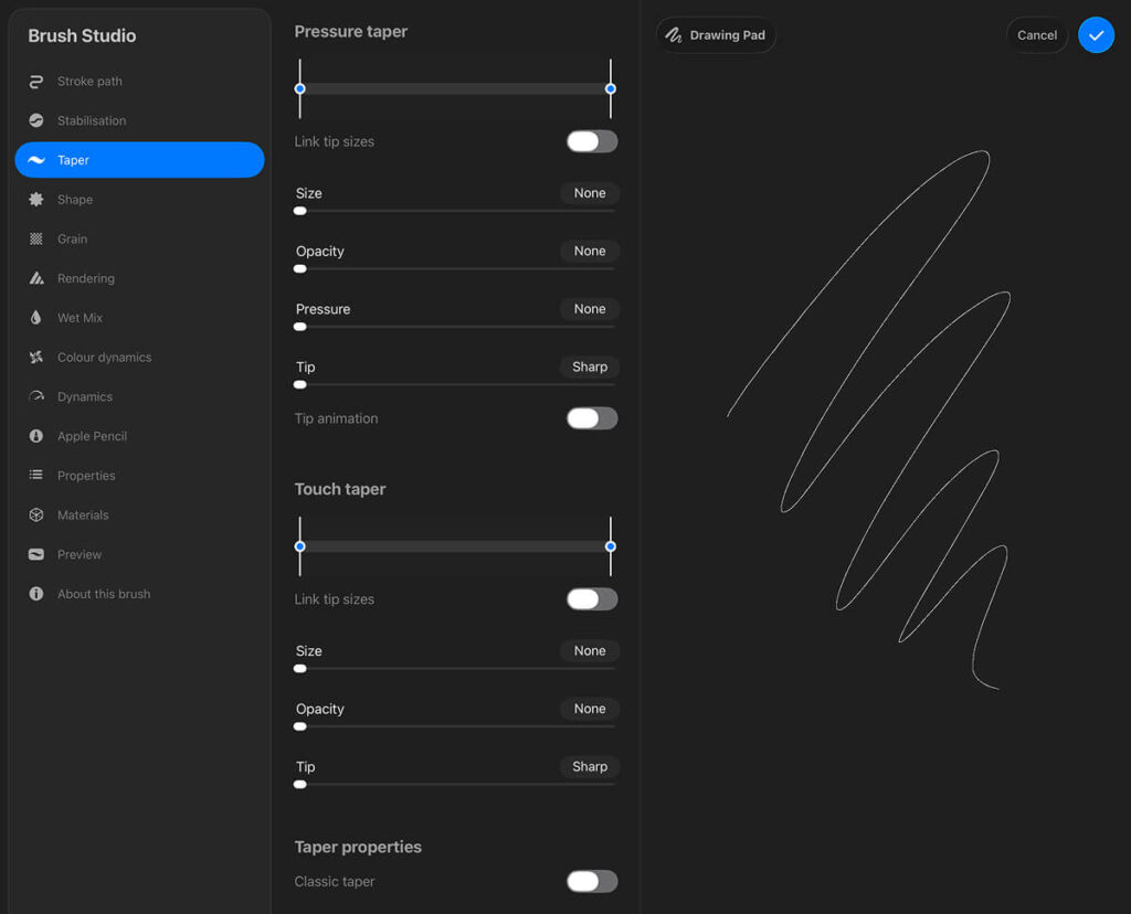 Procreate Taper Settings for Pixel Art Brush